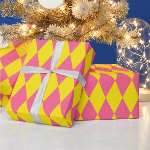 Pink and Yellow Harlequin Checkered Design  Wrapping Paper