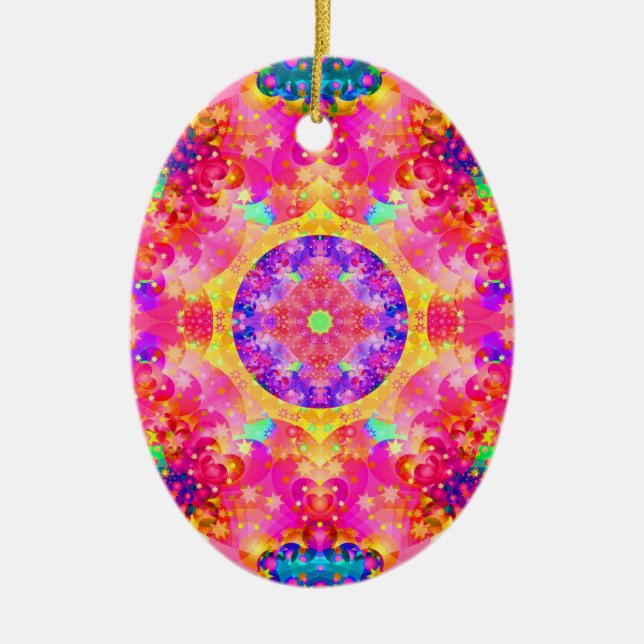 Pink and Yellow Kaleidoscope Fractal Ceramic Ornament (Front)