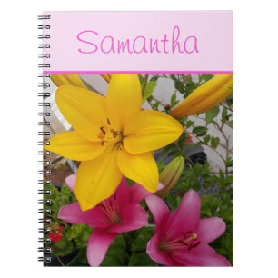 Pink and Yellow Lily Lillies Flower Girls Name Notebook
