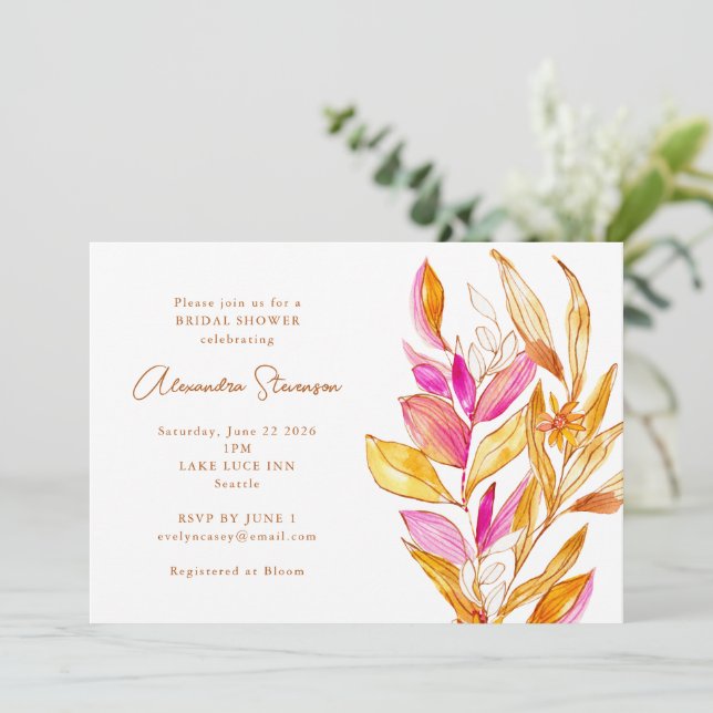 Pink and Yellow Minimalist Botanical Bridal Shower Invitation (Standing Front)