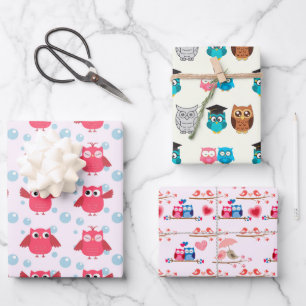pink and yellow owl theme gift wrapping paper