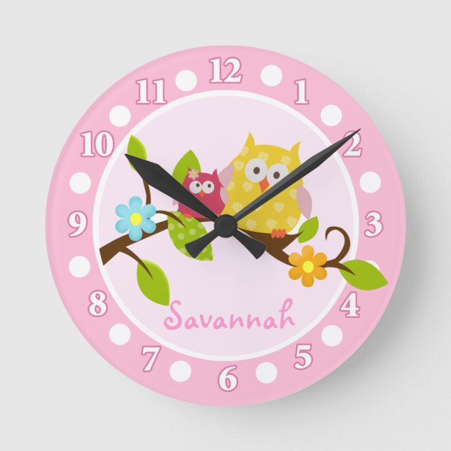 Pink and Yellow Owls Nursery Wall Clock (Front)