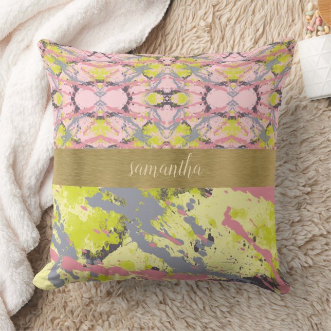 Pink and Yellow Paint Splash Throw Pillow (Blanket)