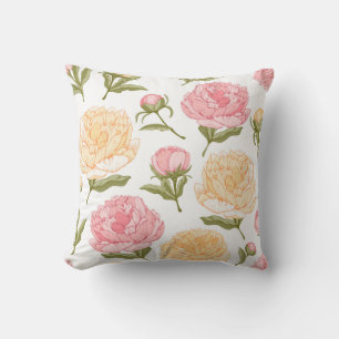 Pink and Yellow Peonies Sketch Throw Pillow