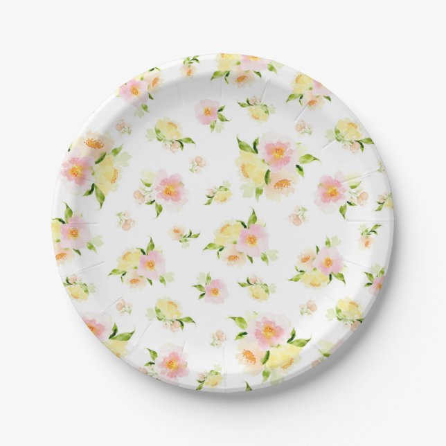 Pink and yellow peony floral watercolor paper plate (Front)
