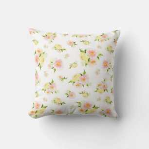 Pink and yellow peony floral watercolor throw pillow