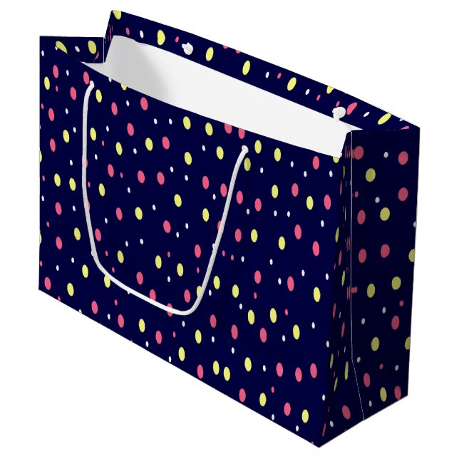 Pink and Yellow Polka Dots on Navy Blue  Large Gift Bag (Front Angled)