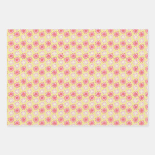 pink and yellow retro flower wrapping paper sheet