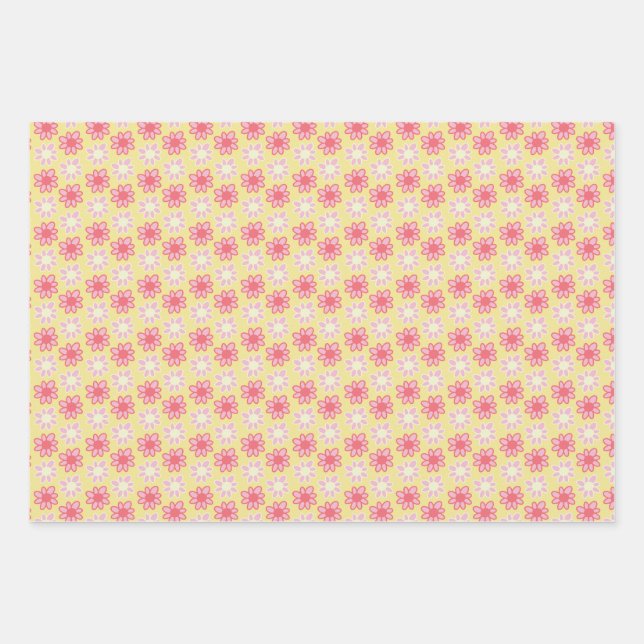 pink and yellow retro flower wrapping paper sheet (Front)