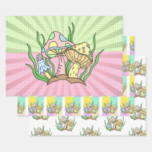 Pink and Yellow Retro Pop  Art Mushroom Birthday Wrapping Paper Sheet