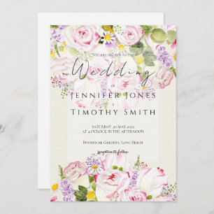 pink and yellow rose bouquet watercolour invitation