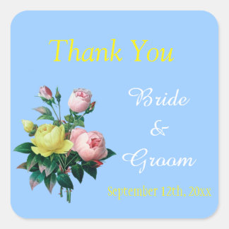 pink and yellow rose flowers wedding favour thank square sticker