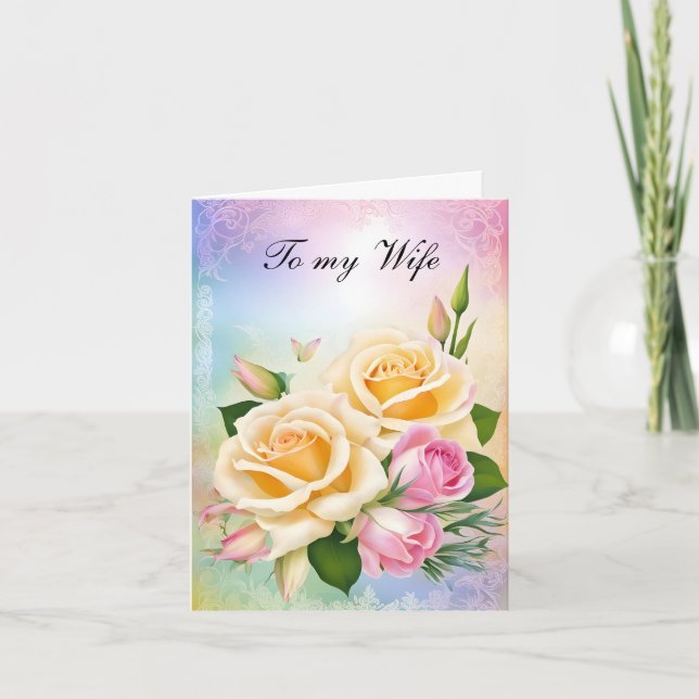 Pink and Yellow Roses Bouquet Valentine Holiday Card (Front)