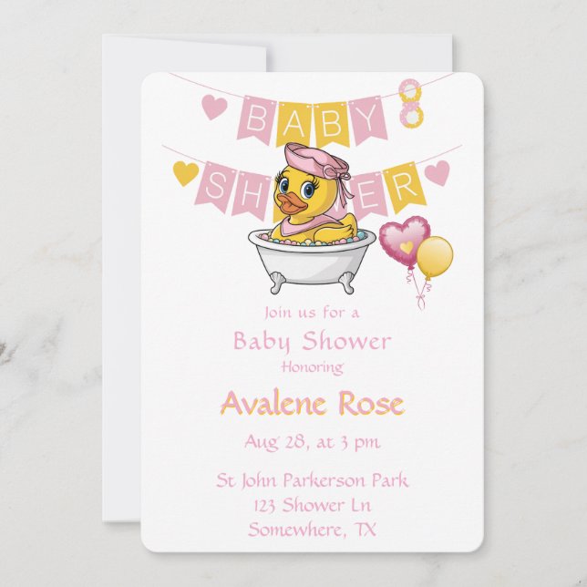 Pink and Yellow Rubber Duck Girl Baby Shower Invitation (Front)
