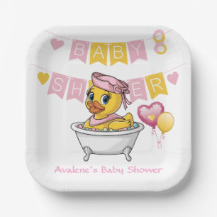 Pink and Yellow Rubber Duck Girl Baby Shower Paper Plate