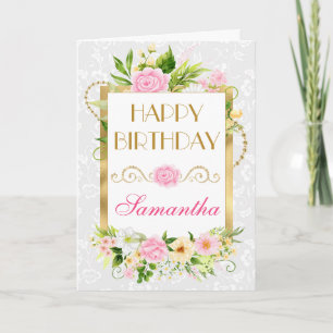Pink and Yellow Summer Flowers Gold Foil Birthday Card