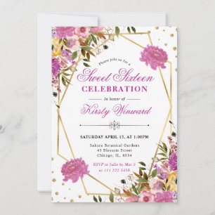 Pink and Yellow Summer Flowers Gold Frame Sweet 16 Invitation