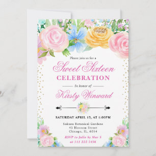 Pink and Yellow Summer Flowers Sweet Sixteen Invitation