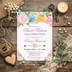 Pink and Yellow Summer Flowers Sweet Sixteen Invitation