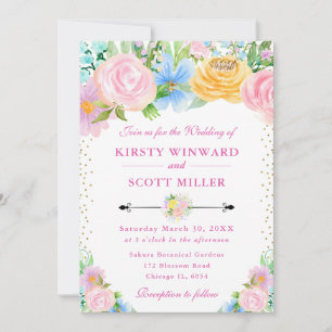 Pink and Yellow Summer Flowers Wedding Invitation