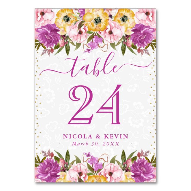 Pink and Yellow Summer Flowers Wedding Table Number (Front)