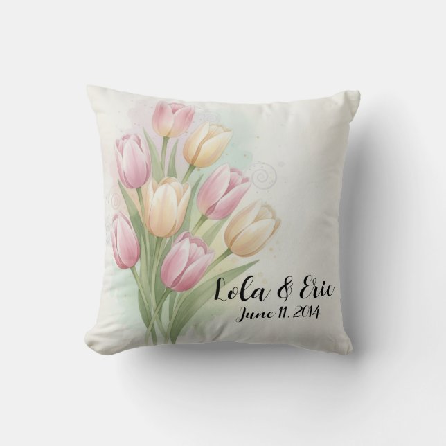 Pink and Yellow Tulip Flower Bouquet Anniversary Throw Pillow (Front)