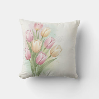 Pink and Yellow Tulip Flower Bouquet Throw Pillow