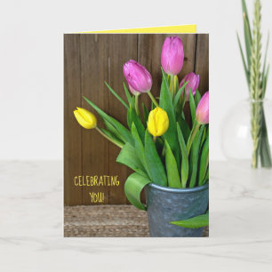 pink and yellow tulips in bucket birthday card