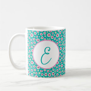 Pink and yellow watercolor daisies monogram coffee mug