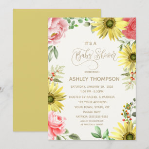 Pink and Yellow Watercolor Floral Baby Shower Invitation