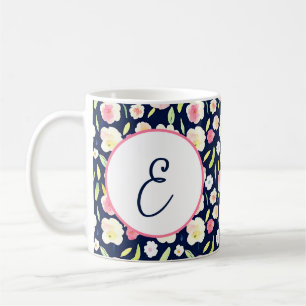 Pink and yellow watercolor floral monogram coffee mug