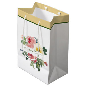 Pink and yellow watercolor floral personalized medium gift bag