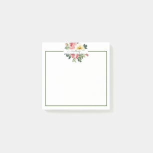 Pink and yellow watercolor floral personalized    post-it notes