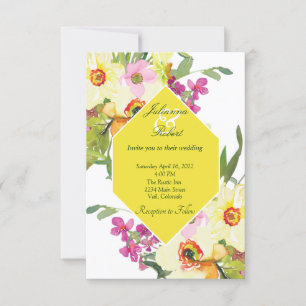 Pink and yellow watercolor floral wedding invitation