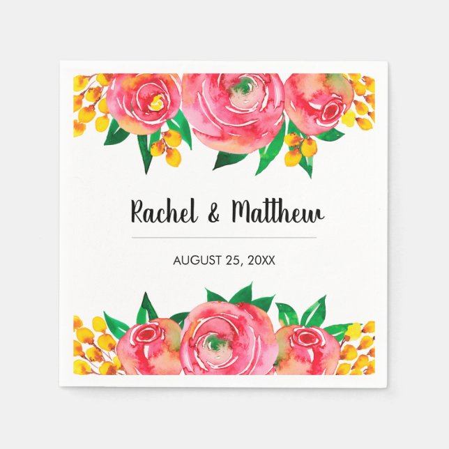 Pink and Yellow Watercolor Floral Wedding Napkin (Front)