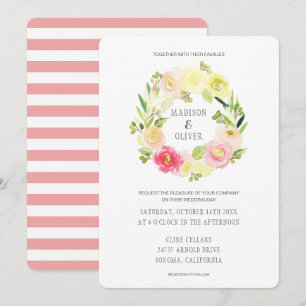Pink and Yellow Watercolor Floral Wreath Wedding Invitation