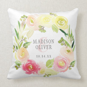 Pink and Yellow Watercolor Floral Wreath   Wedding Throw Pillow
