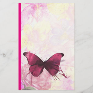 Pink and Yellow Watercolor Flowers with Butterfly Stationery