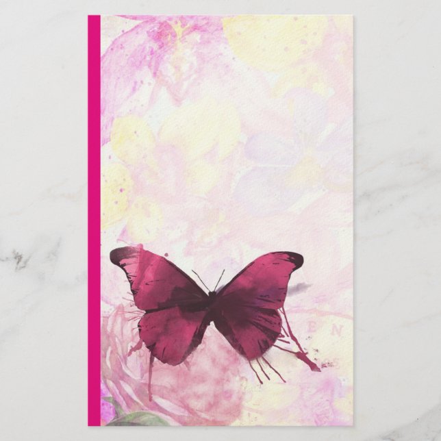 Pink and Yellow Watercolor Flowers with Butterfly Stationery (Front)