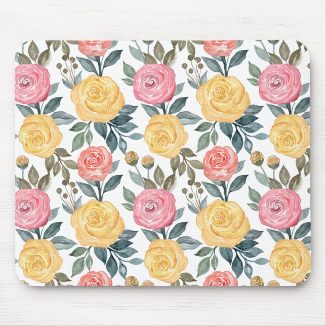 Pink and yellow watercolor rose mouse pad (Front)