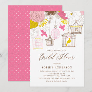 Pink and Yellow Whimsical Birdcages Bridal Shower Invitation
