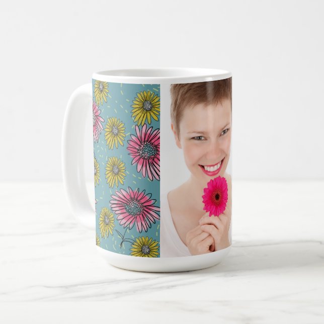 Pink and Yellow Whimsical Daisy Custom Photo Coffee Mug (Front Left)