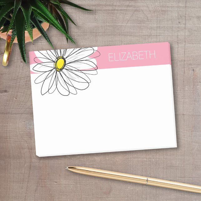 Pink and Yellow Whimsical Daisy Custom Text Post-it Notes (Personalized post-it notes with a monogram and whimsical daisy drawing - low quantity available)