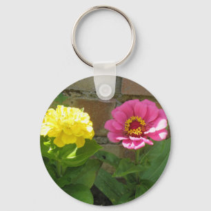 Pink and Yellow Zinnias Keychain