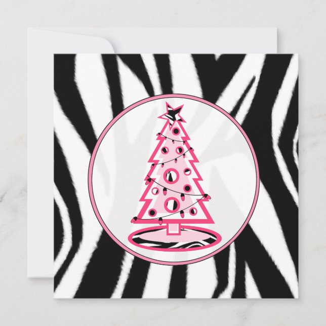 Pink And Zebra Print Christmas Tree Invitation (Front)