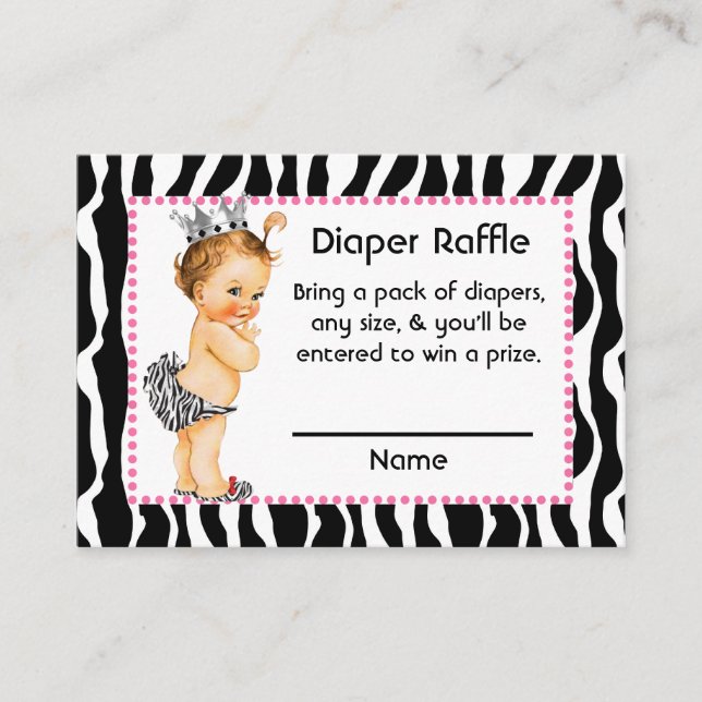 Pink and Zebra Print Little Princess Diaper Raffle Enclosure Card (Front)