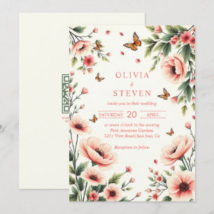 Pink anemone, butterflies floral border wedding  invitation