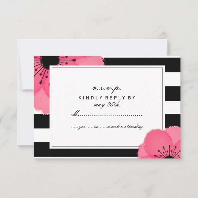 Pink Anemone Floral Black + White Stripe RSVP (Front)