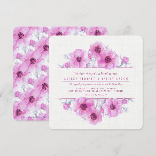 Pink anemone floral watercolor wedding re-request invitation (Front/Back)