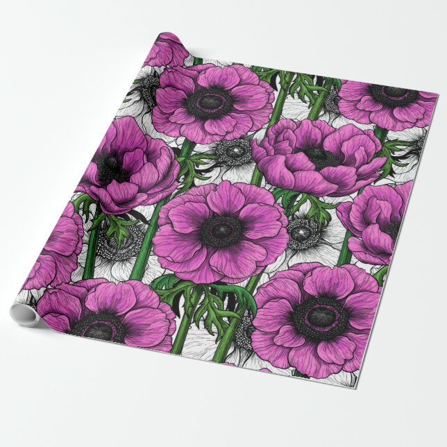 Pink anemone garden wrapping paper (Unrolled)